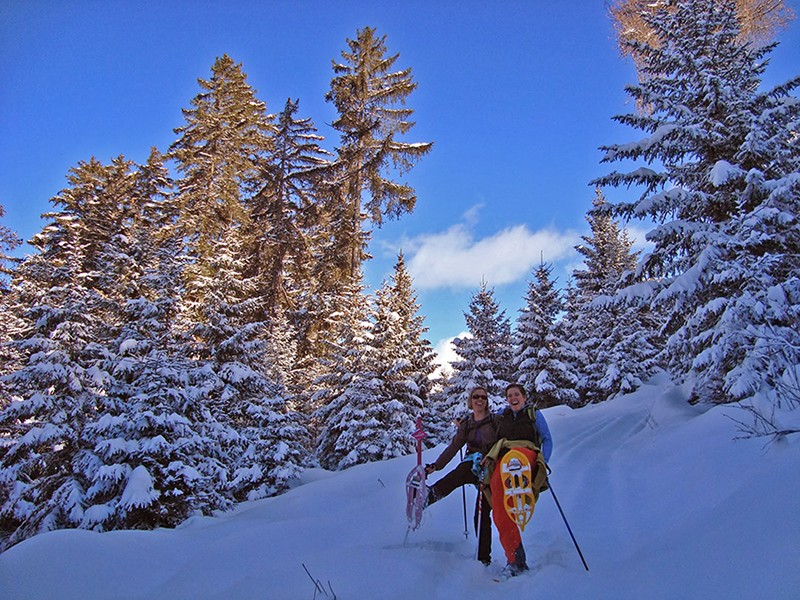 Verschneite Wälder lassen bei Schneeschuhwanderern Freude aufkommen. Bild: Veysonnaz Tourisme