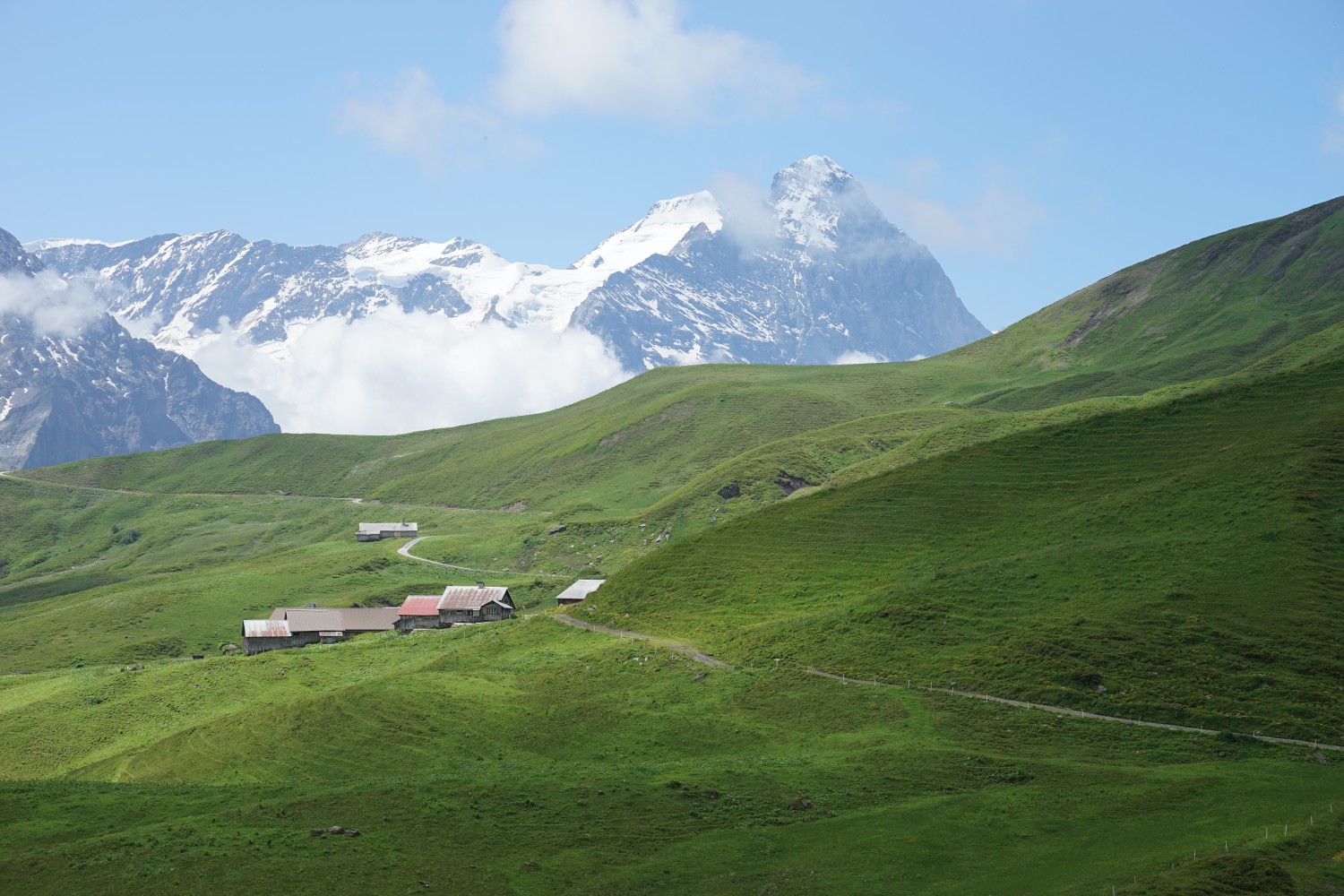 Die Alp Scheidegg Oberläger, im Hintergrund der mächtige Eiger. Bild: Reto Wissmann