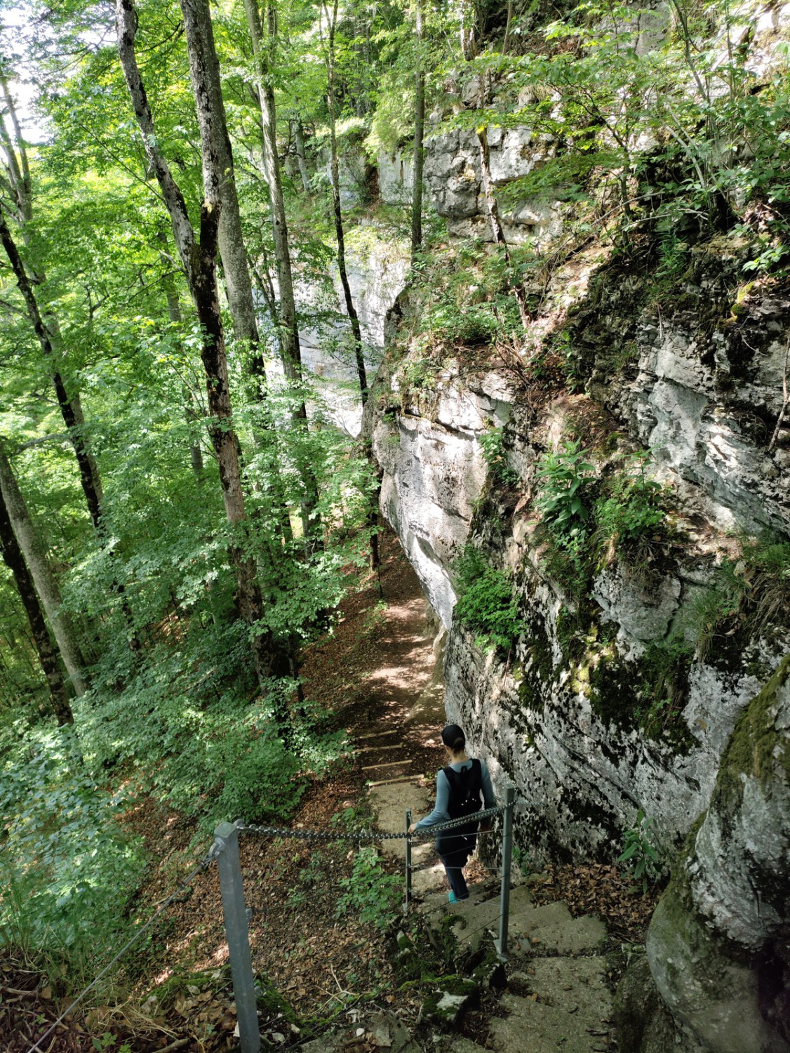 Im Abstieg nach Corcelles ist eine Passage mit Ketten gesichert. Bild: Michael Dubach