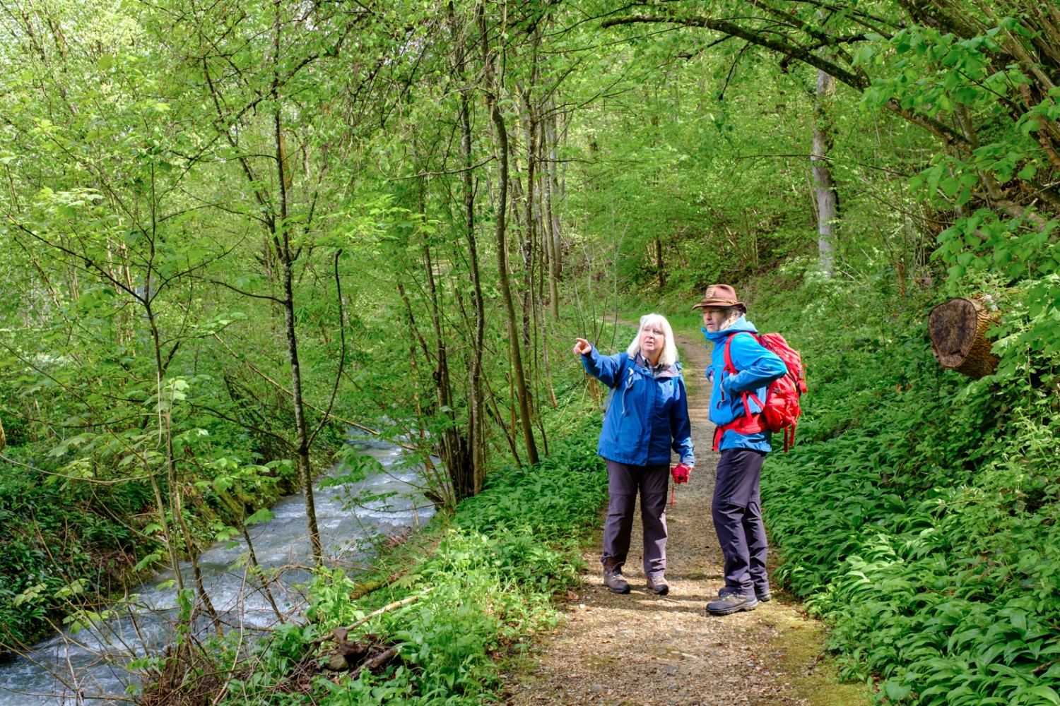 Wanderleiterin Ingrid Heimgartner mit Gast unterwegs am lauschigen Grabenbach. Bild: Iris Kürschner