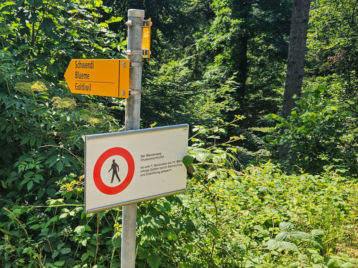 Un cartello riporta gli orari di apertura della gola: da inizio aprile a fine ottobre.