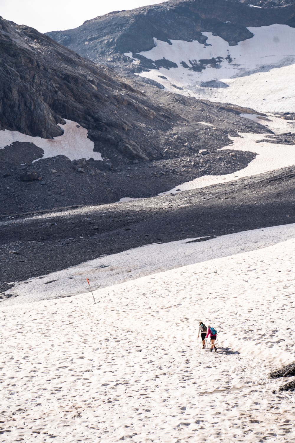 Über gut ausgetretene Schneefelder geht es der Lötschenpasshütte entgegen. Bild: Wanderblondies