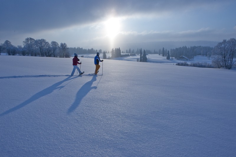 Das offene, leicht hügelige Weideland der Freiberge eignet sich perfekt für Schneeschuhtouren. 
Bild: Jura Tourisme