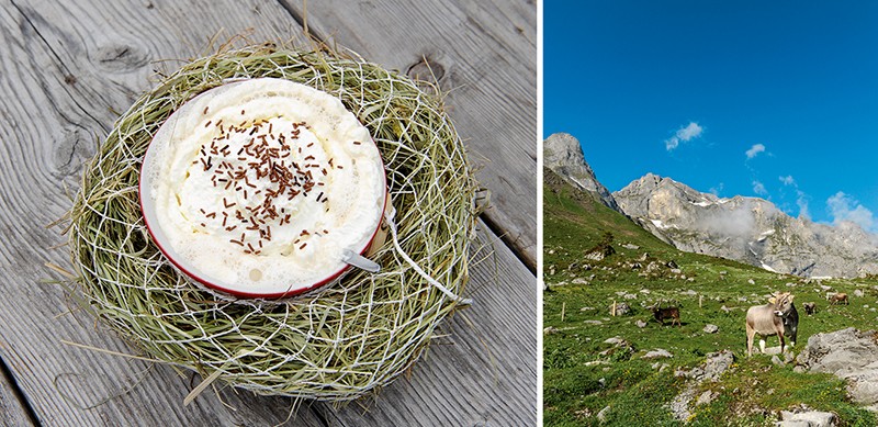 Links: Auf der Alp Oberfeld wird der Kafi fertig im Heuburdi serviert. Rechts: Alpweide auf der Bannalp.