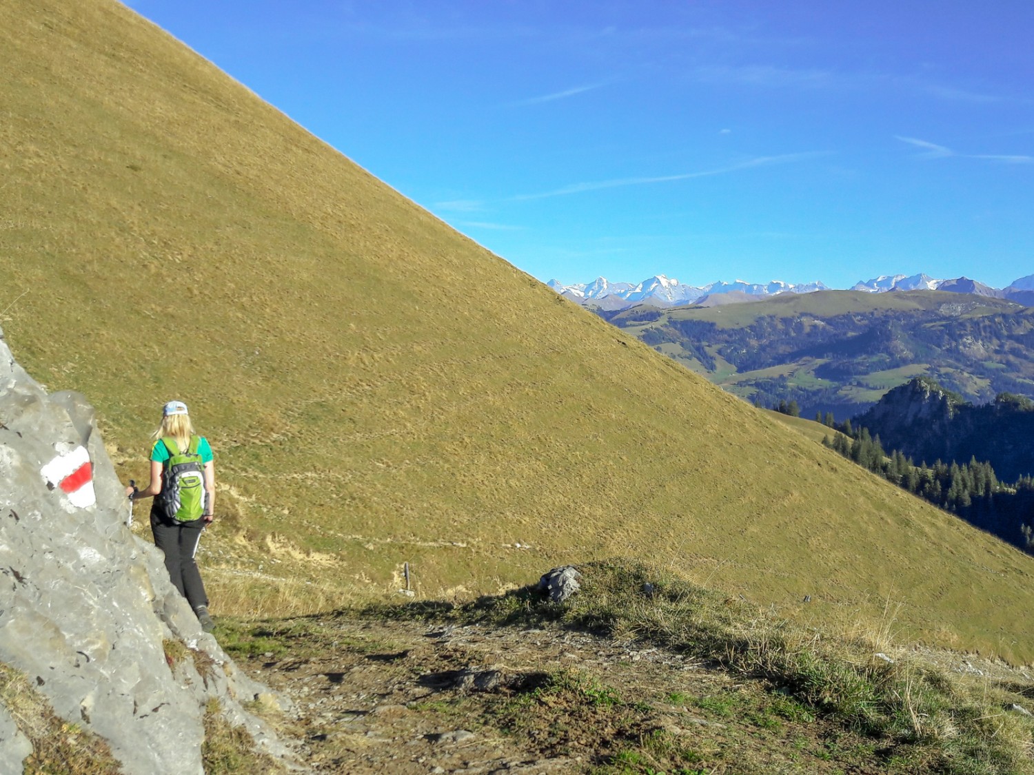 Während des Abstiegs geniesst man weiterhin tolle Rundsicht – im Hintergrund Eiger, Mönch und Jungfrau. Bild: Patrick Salzmann