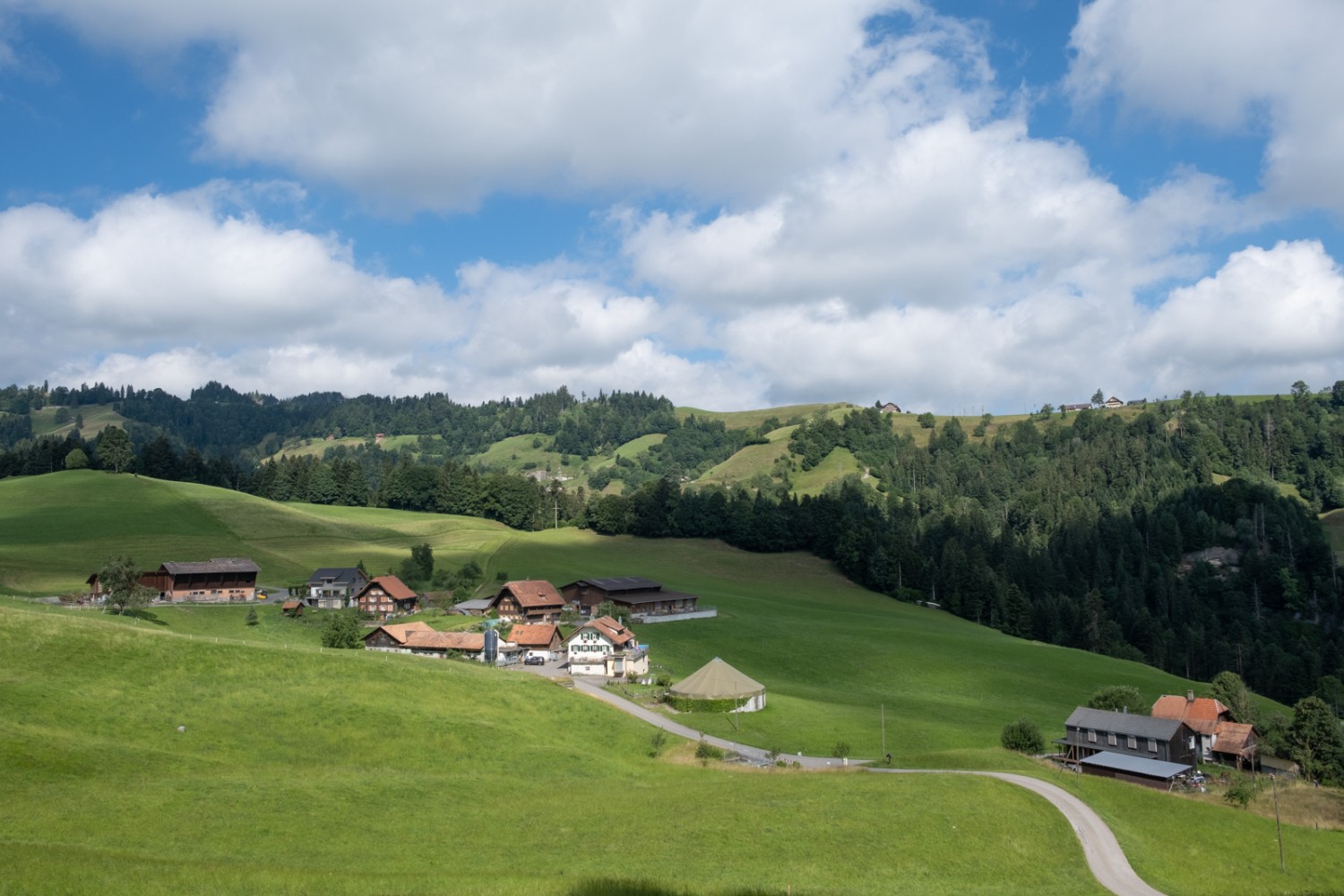 Sanfte Hügel, Bauernhöfe dazwischen: so präsentiert sich die Landschaft um Romoos. Bild: Markus Ruff