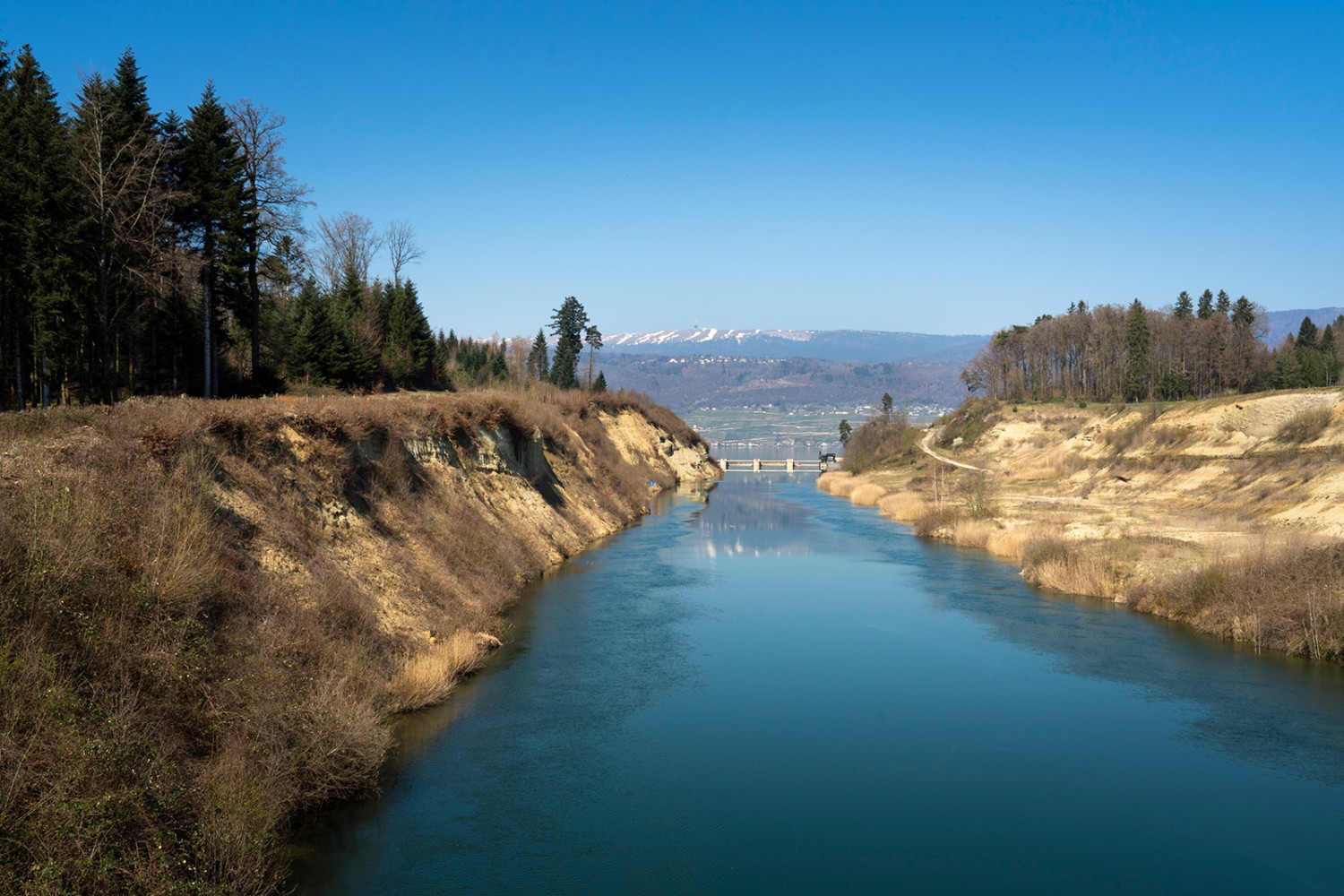 Der Hagneck-Kanal führt bis zum gleichnamigen Kraftwerk. Im Hintergrund der Chasseral.