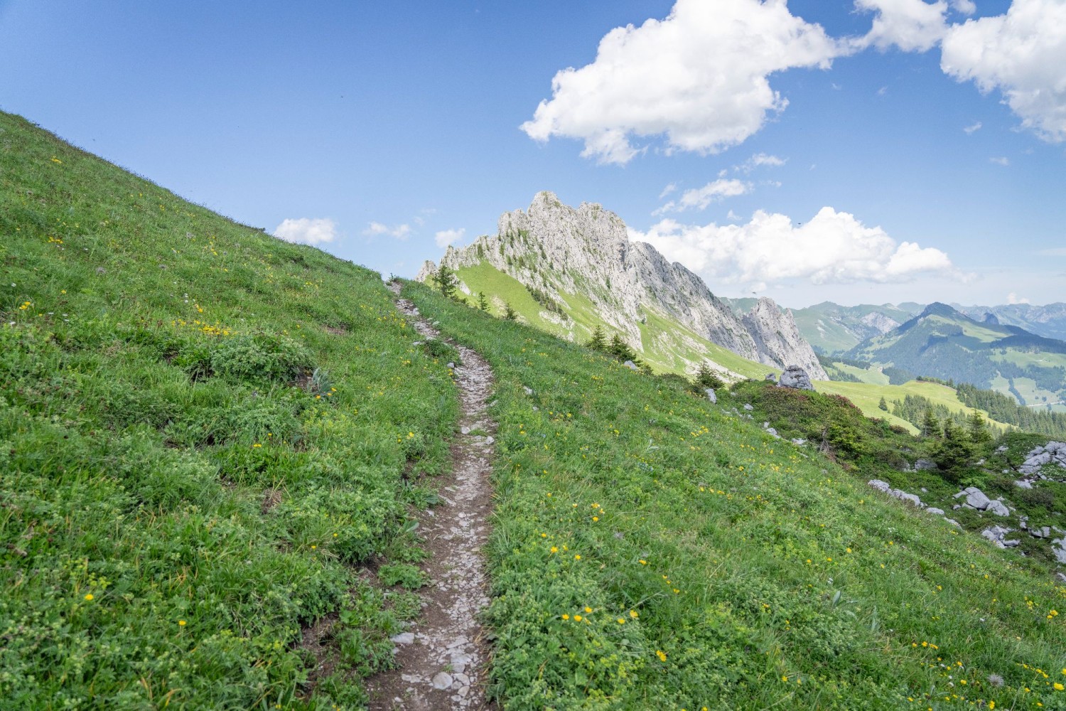 Au point culminant, peu avant Wolfs Ort, avec vue sur les Gastlosen