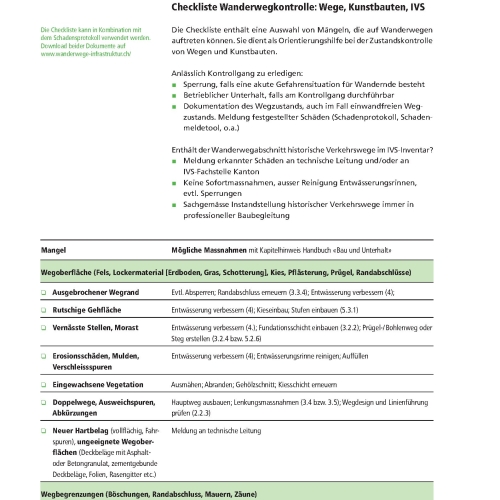 Checkliste Wege und Kunstbauten