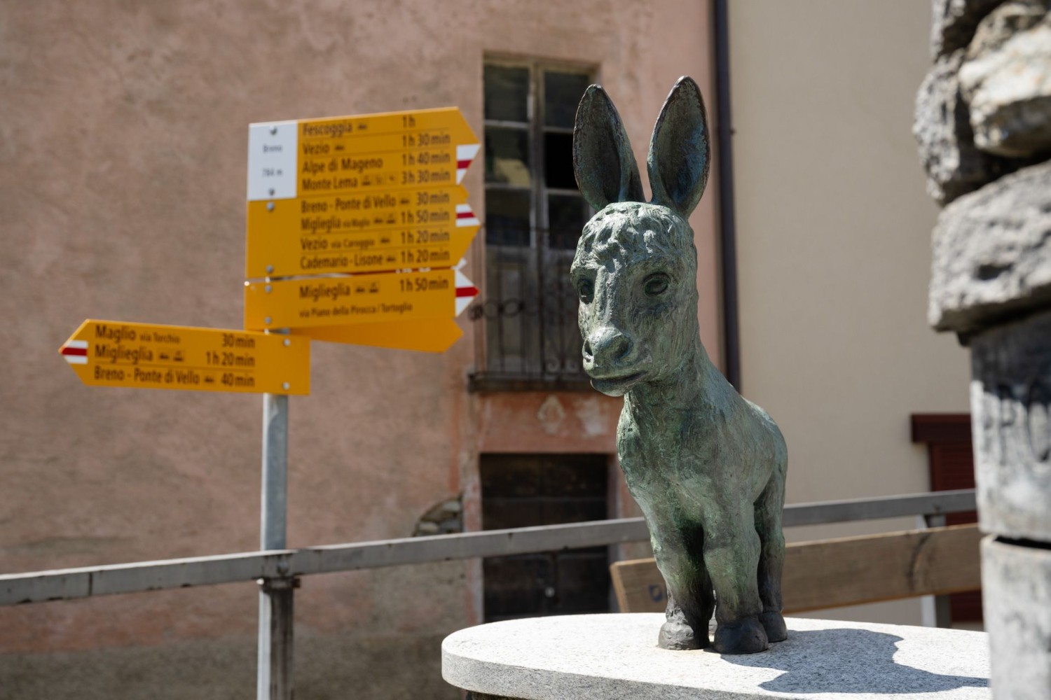 A Breno, un asino attende escursioniste ed escursionisti sulla fontana.