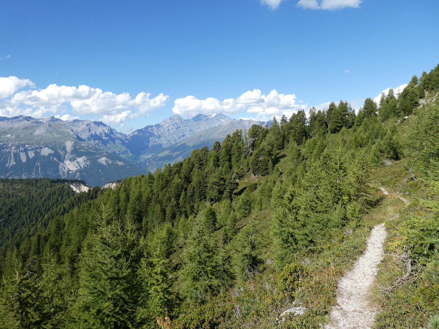 Vue sur l’Illgraben. Au fond, Loèche-les-Bains et le col de la Gemmi.