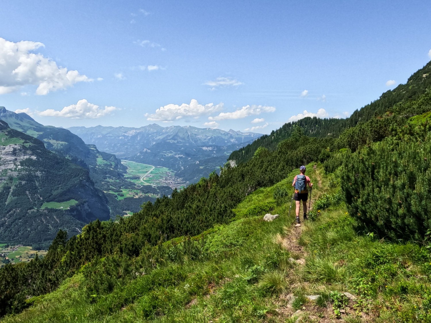 Bergföhren säumen den Weg. Im Tal ist bereits Innertkirchen zu sehen.