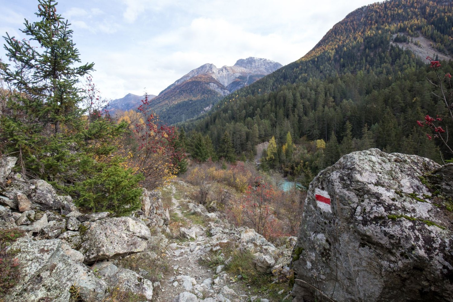 Der Bergwanderweg führt über Stock und Stein in die Höhe. Im Tal unten fliesst der Inn.