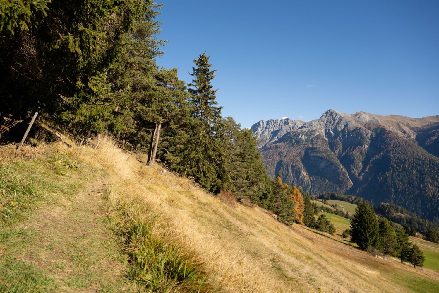 Der Panoramaweg in Richtung Tschlin verläuft hoch über dem Tal.